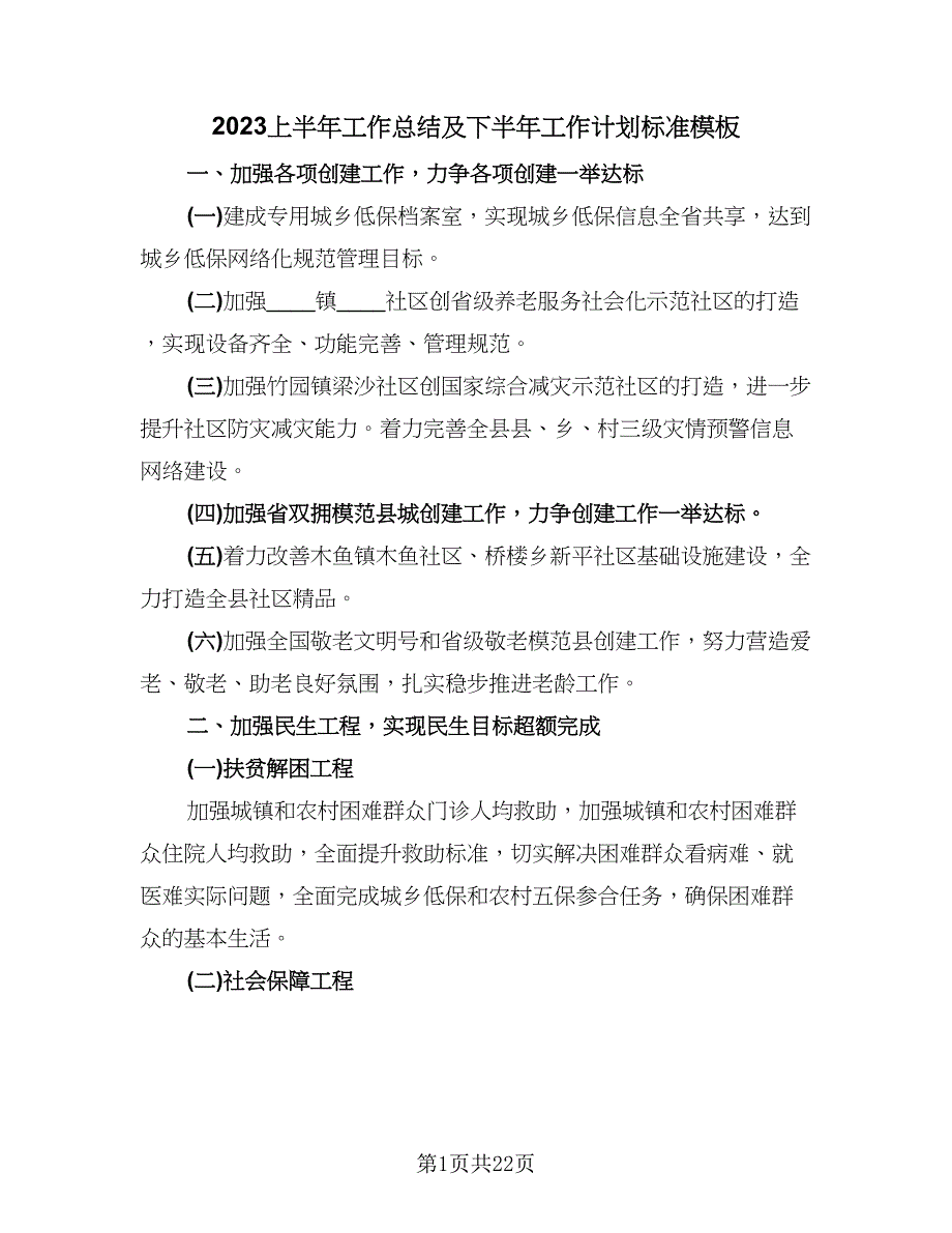 2023上半年工作总结及下半年工作计划标准模板（九篇）.doc_第1页