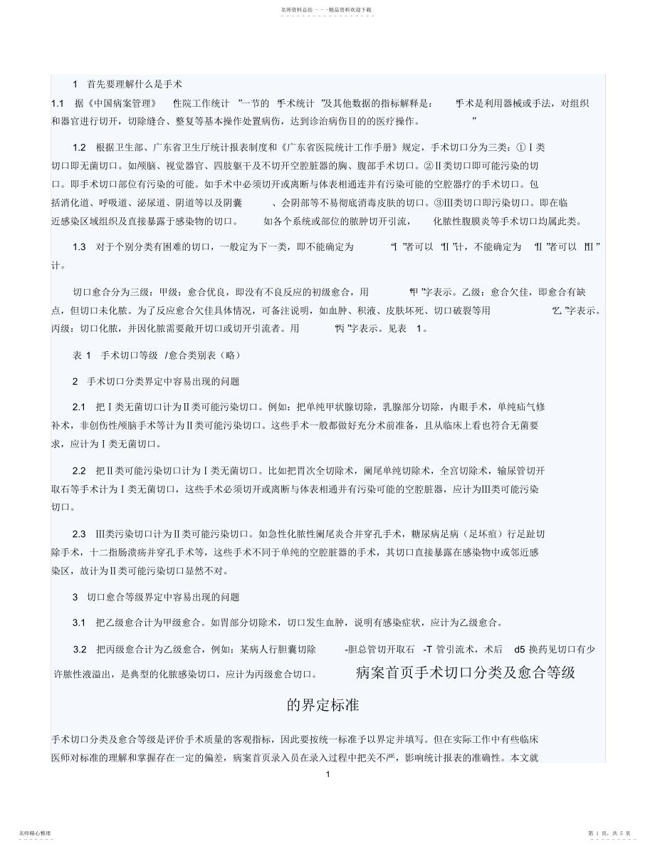 2022年手术切口分类Ⅰ、Ⅱ、Ⅲ、Ⅳ类切口分类的标准资料_第1页