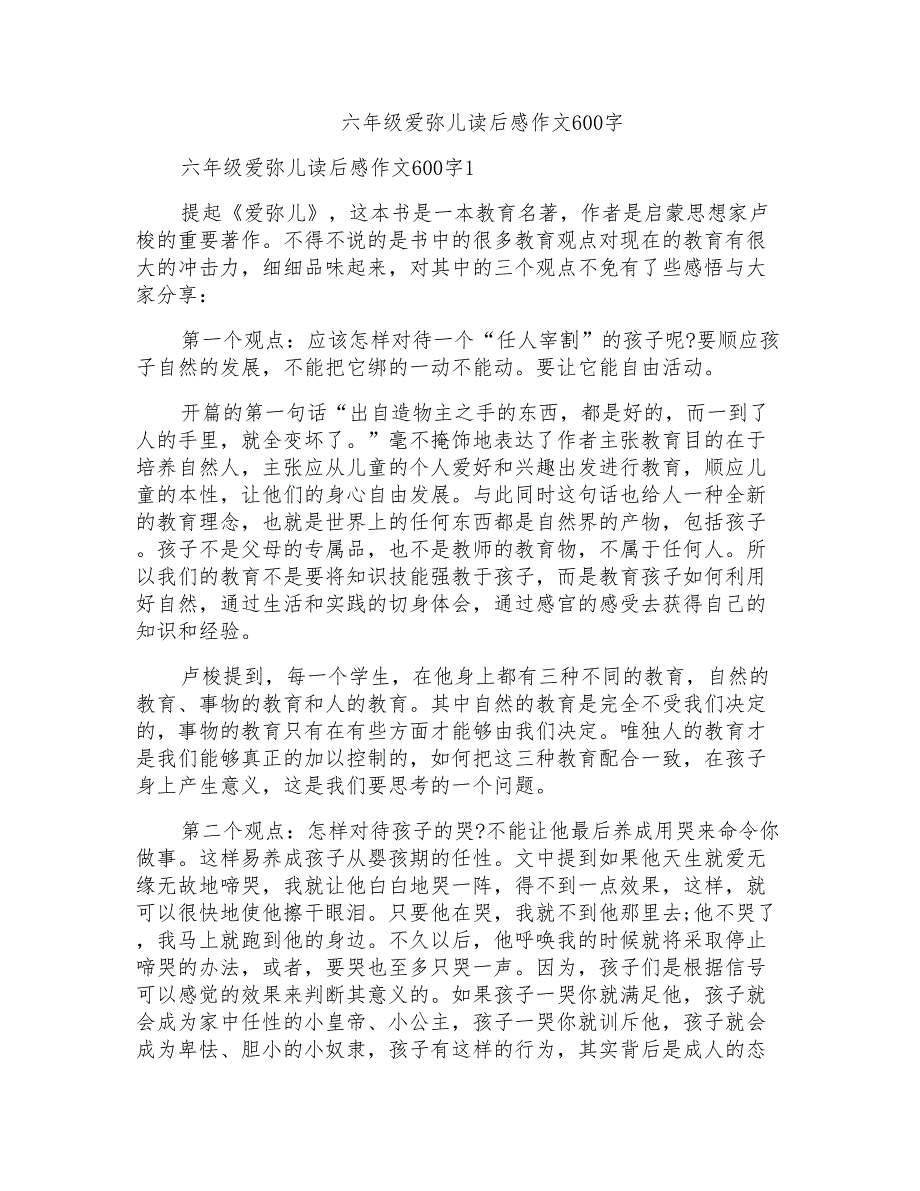 六年级爱弥儿读后感作文600字_第1页