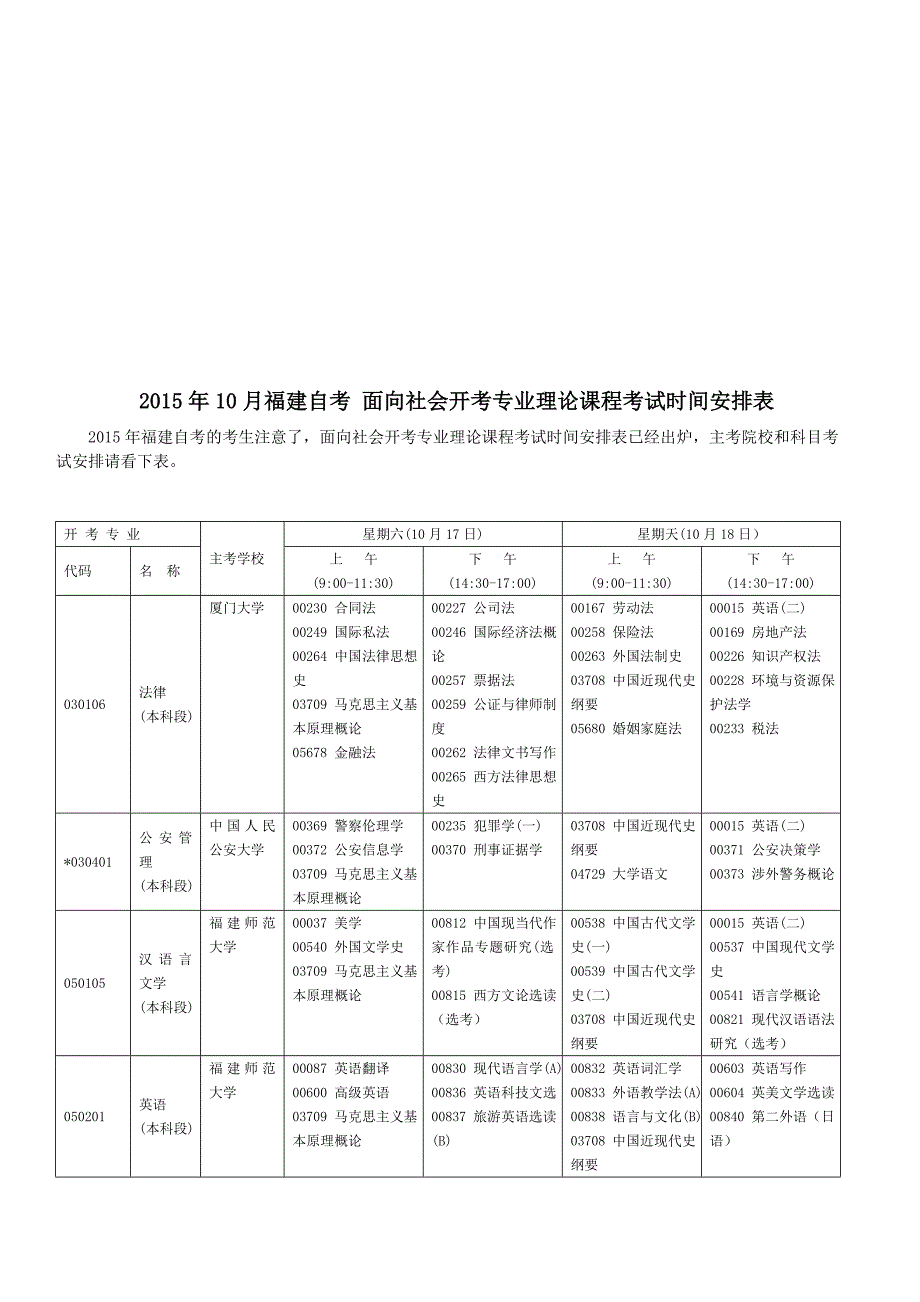 2015年10月福建自考考试安排.doc_第1页