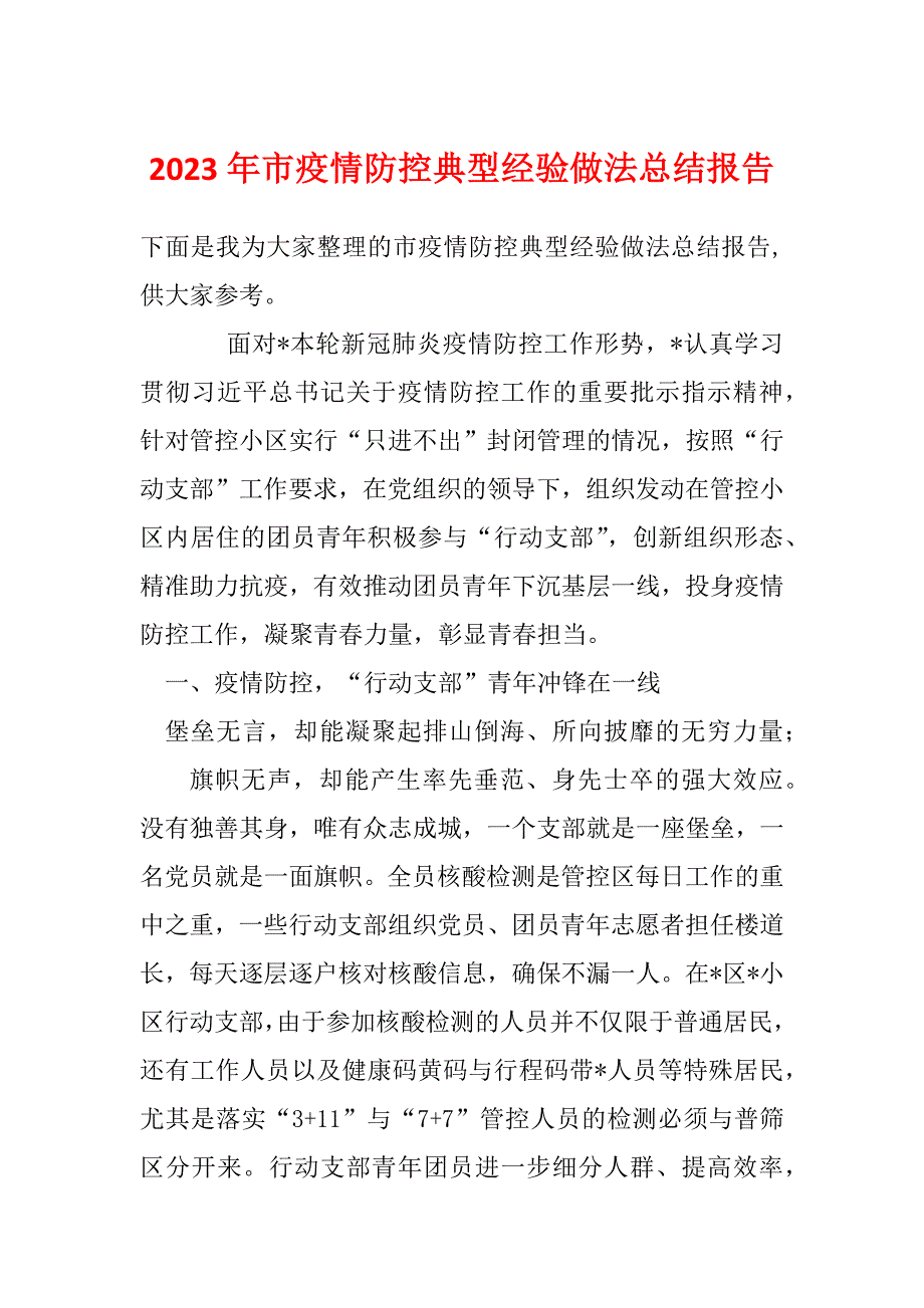 2023年市疫情防控典型经验做法总结报告_第1页