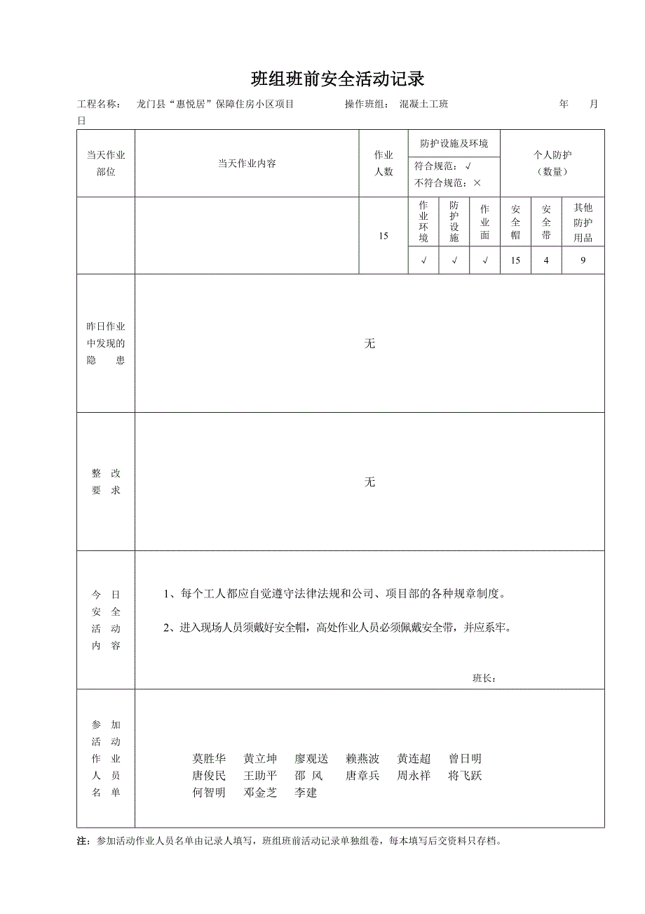 班级班前安全活动记录AQ261混凝土工班_第3页