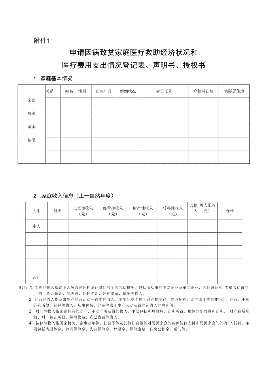 申请因病致贫家庭医疗救助经济状况和医疗费用支出情况登记表、声明书、授权书_第1页