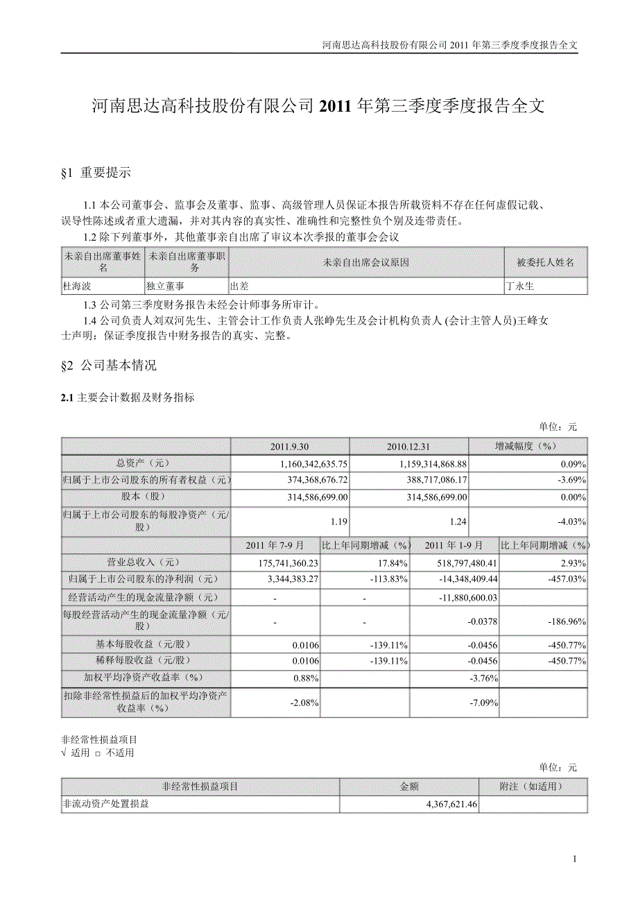 ST思达：第三季度报告全文_第1页