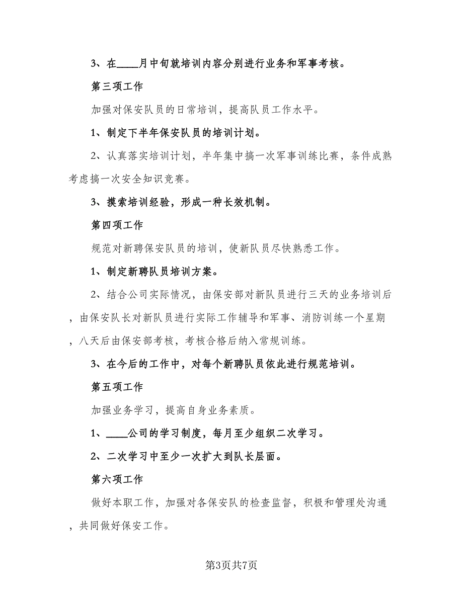 2023年保安队长下半年工作计划标准范文（四篇）_第3页