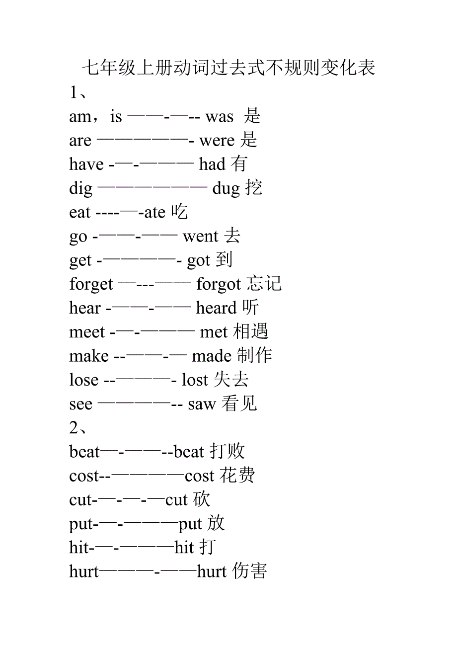 七年级上册动词过去式不规则变化表.doc_第1页