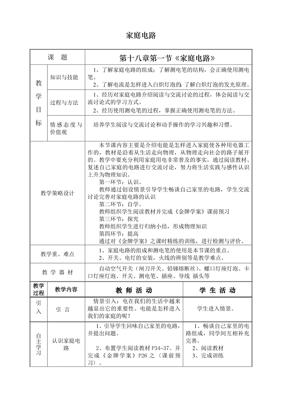 粤教沪科版初中物理家庭电路教学设计_第1页