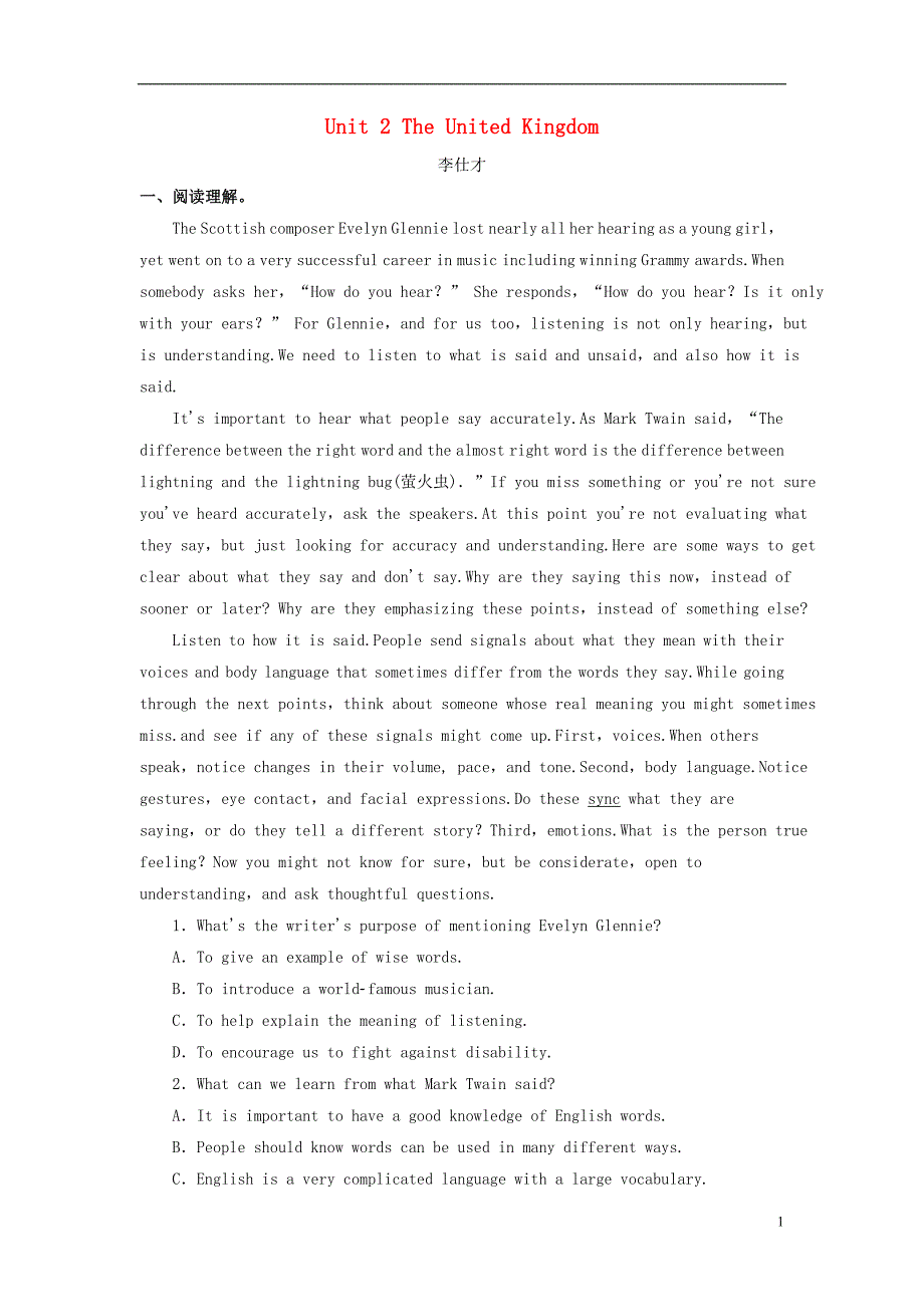 2019版高考英语一轮复习 Unit 2 The United Kingdom达标巩固练（含解析）新人教版必修5_第1页