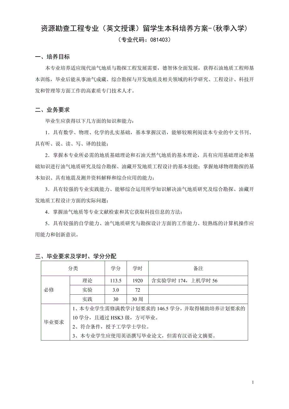 资源勘查工程专业英文授课留学生本科培养方案季_第1页