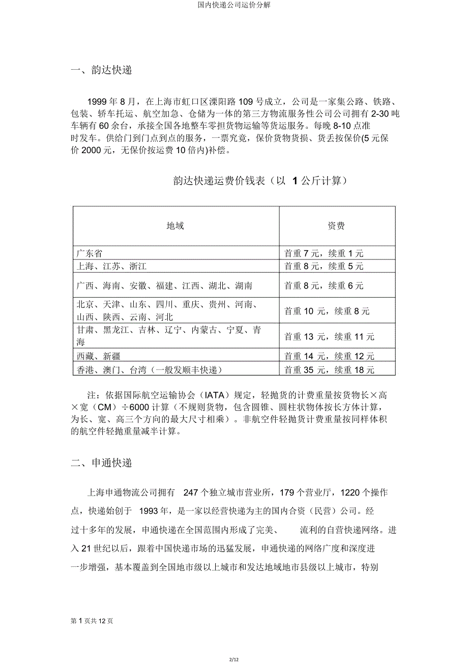 国内快递公司运价分解.doc_第2页