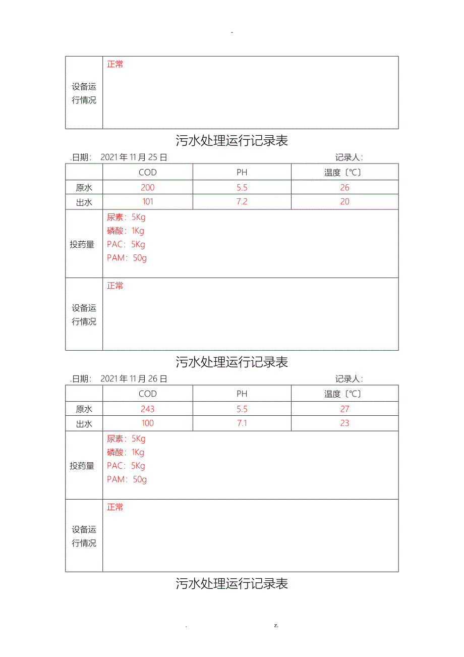 污水处理运行记录表_第3页