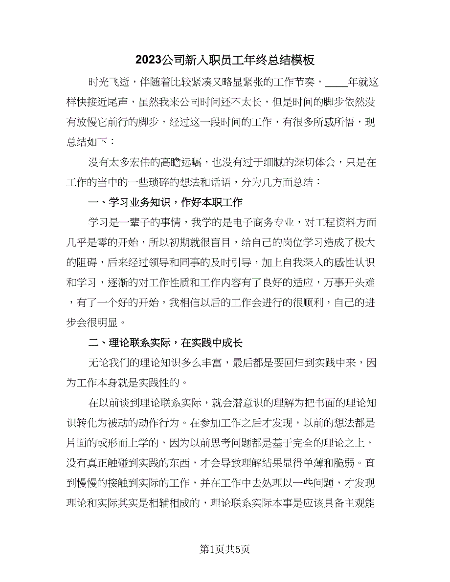 2023公司新入职员工年终总结模板（二篇）.doc_第1页