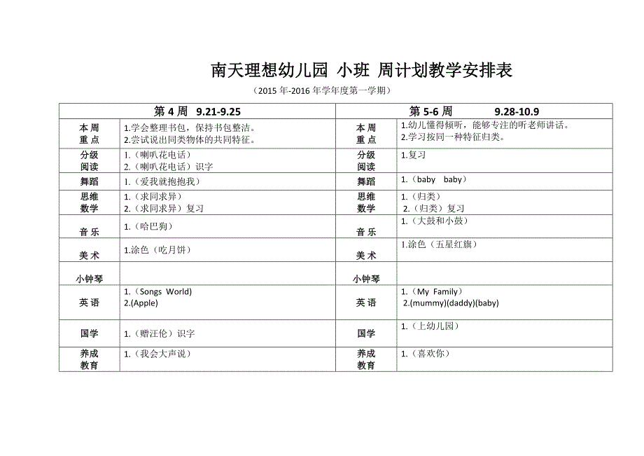 南天幼儿园小班周计划教学安排表_第2页