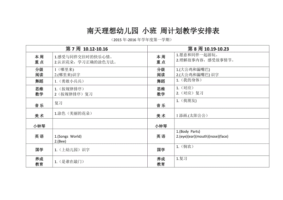 南天幼儿园小班周计划教学安排表_第3页