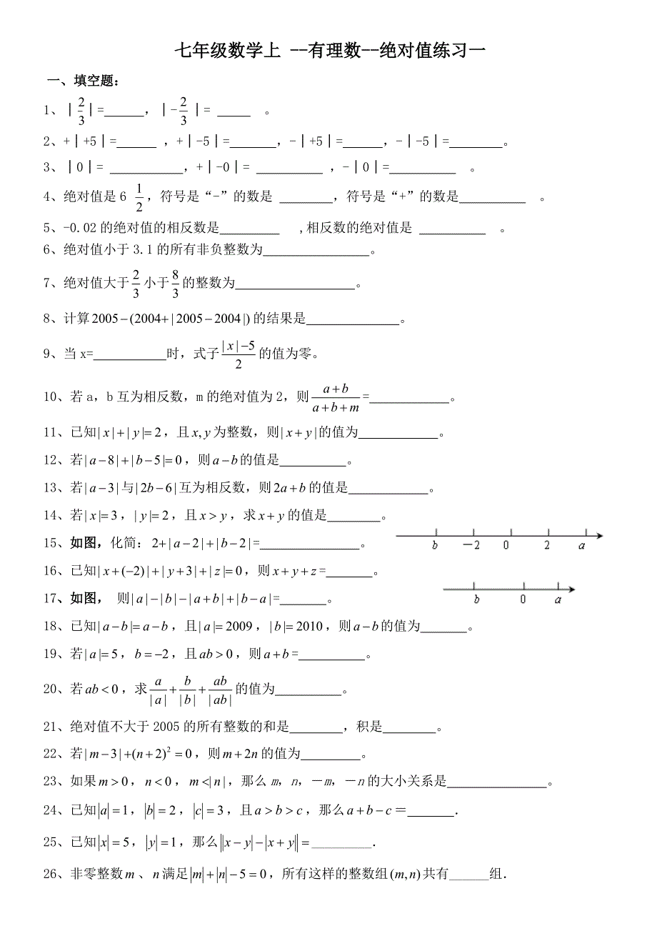 七年级数学上绝对值练习及提高习题_第1页