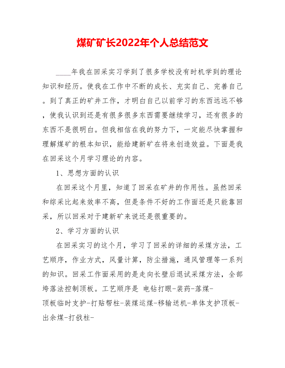 煤矿矿长202_年个人总结范文_第1页