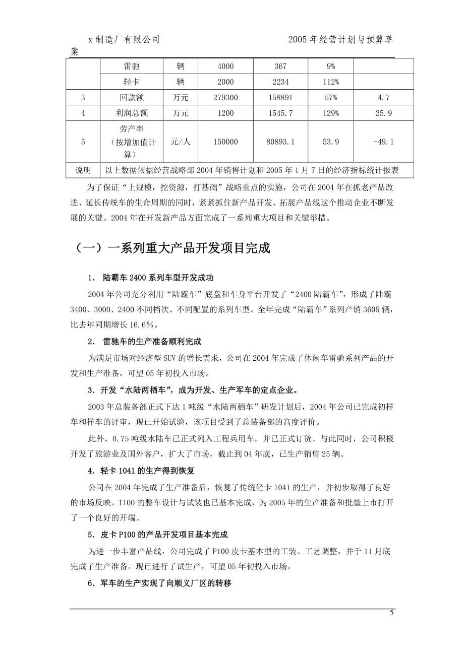 x汽车制造厂有限公司经营计划与预算草案_第5页