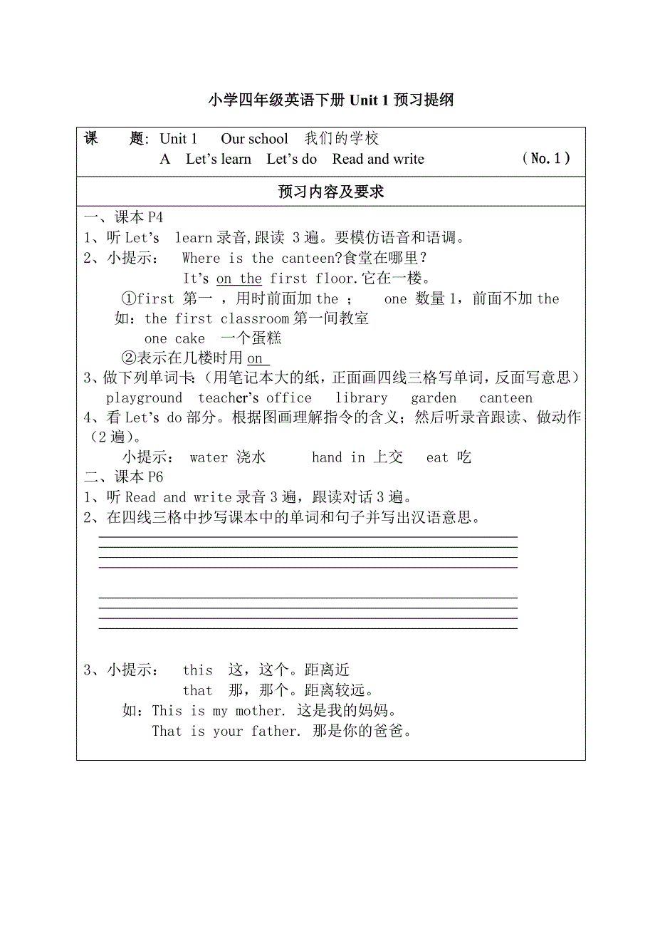 小学四年级下册英语预习提纲_第1页