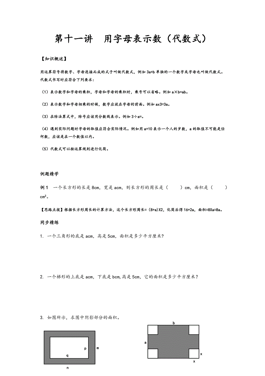 学生版第十一讲用字母表示数(代数式)_第1页