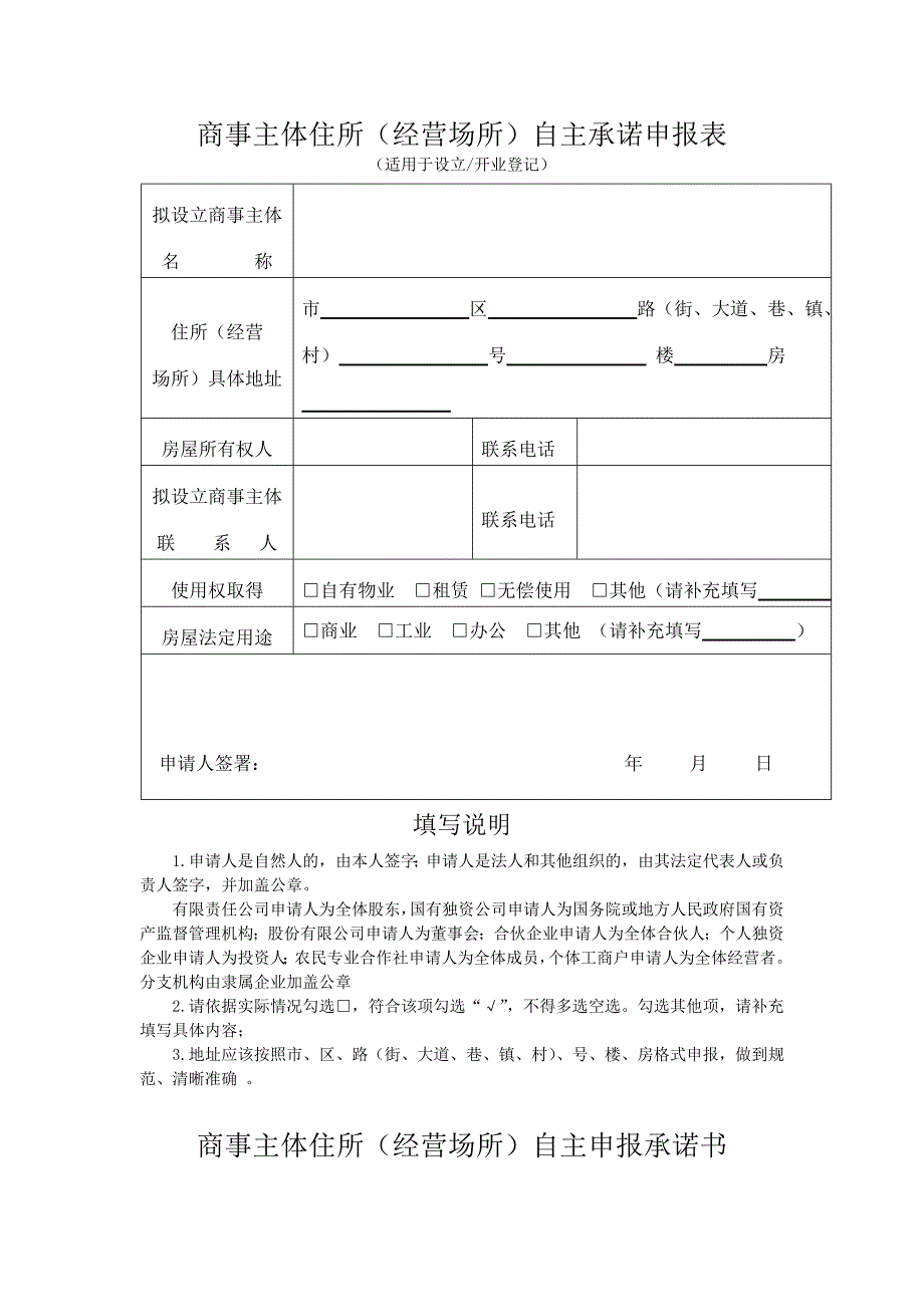 商事主体住所（经营场所）自主承诺申报表_第1页