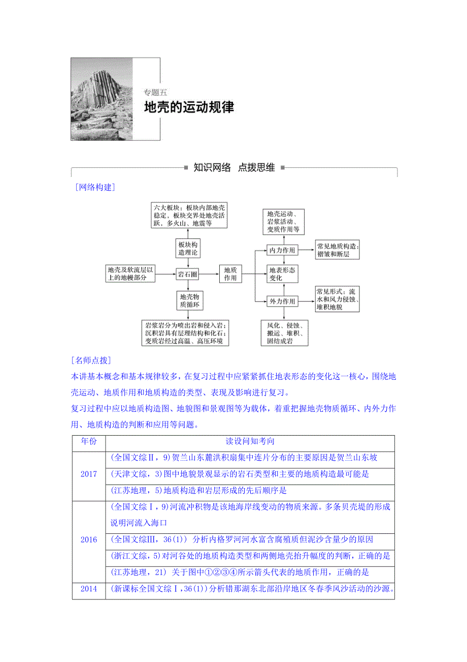 高考地理二轮知识专题复习文档：专题五地壳的运动规律 Word版含答案_第1页