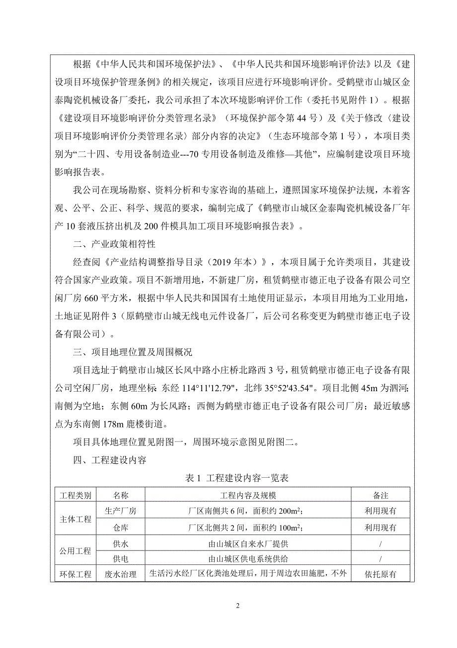 鹤壁市山城区金泰陶瓷机械设备厂年产10套液压挤出机及200件模具加工项目环境影响报告.doc_第2页