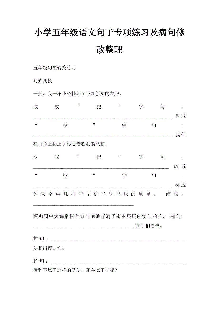 小学五年级语文句子专项练习及病句修改整理_第1页