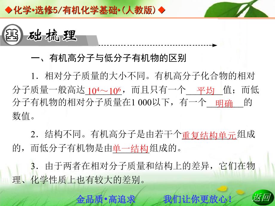 高中化学人教版选修五同步辅导与检测课件51合成高分子化合物的基本方法课件_第4页