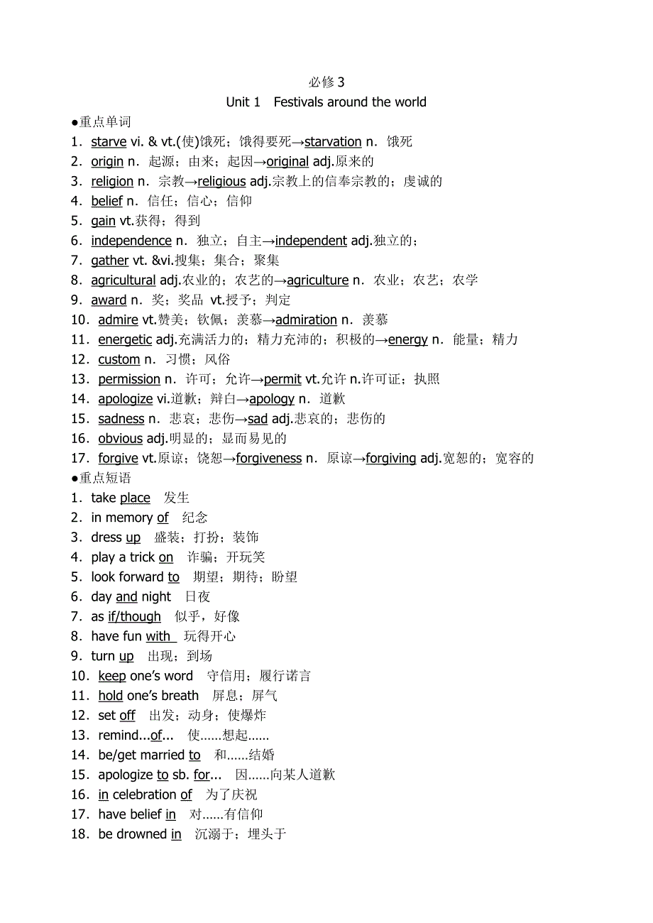 高一英语必修3各单元语言重点归纳_第1页