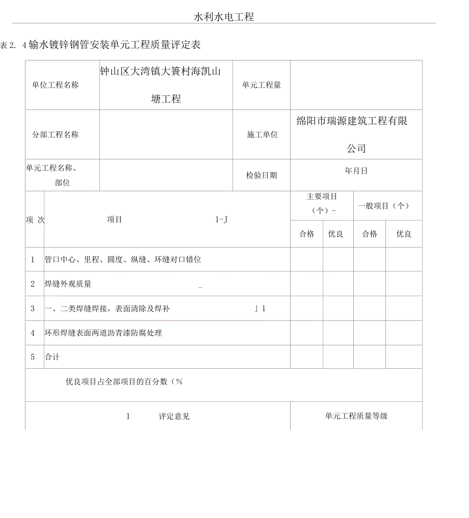 镀锌钢管质量评定表格模板_第1页