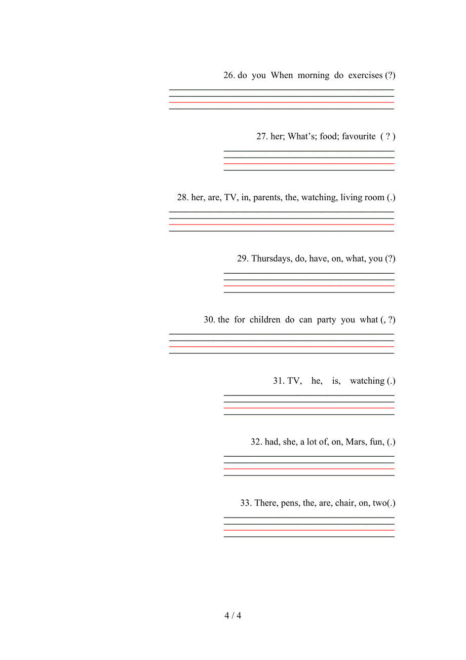 人教PEP版五年级春季学期英语连词成句专项复习_第4页