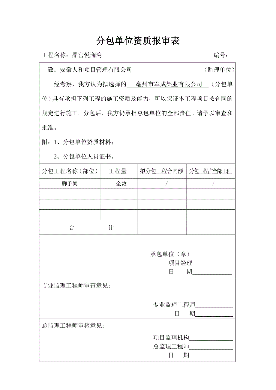 分包单位资格报审表.doc_第1页