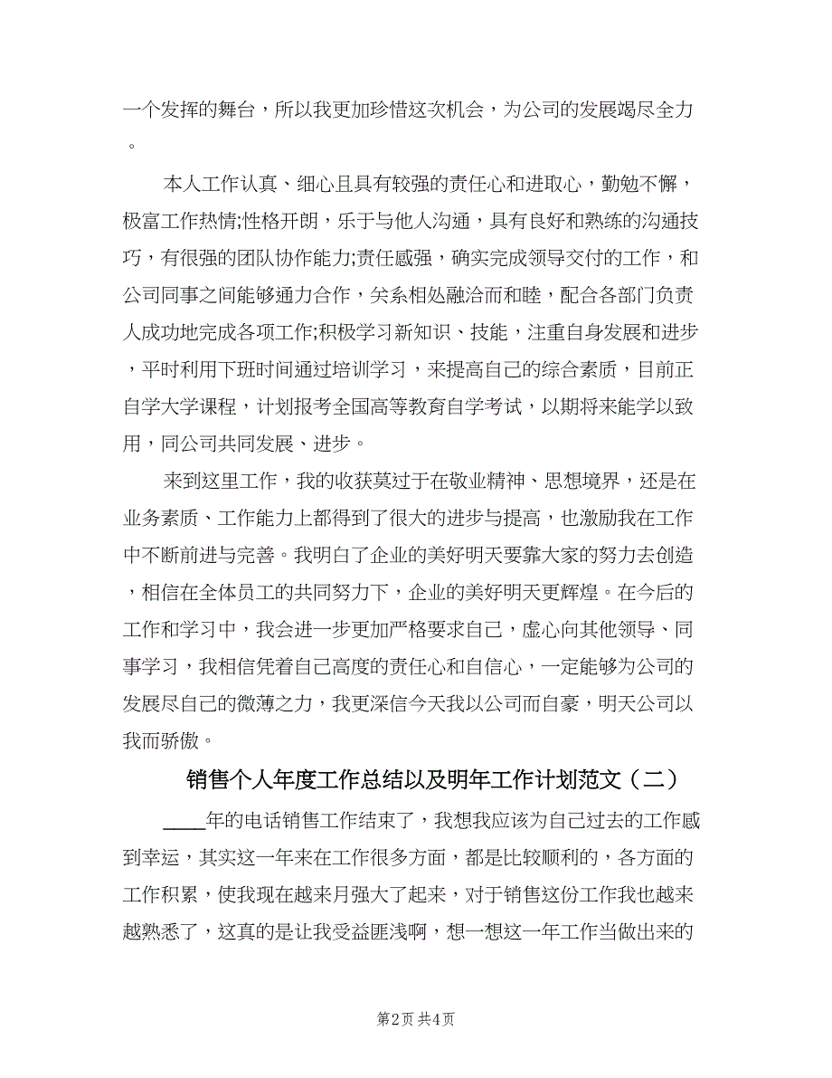 销售个人年度工作总结以及明年工作计划范文（二篇）.doc_第2页