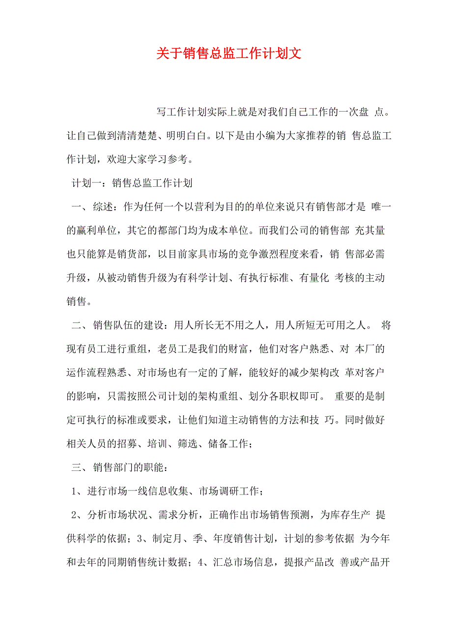 有关销售总监工作计划总结范文_第1页