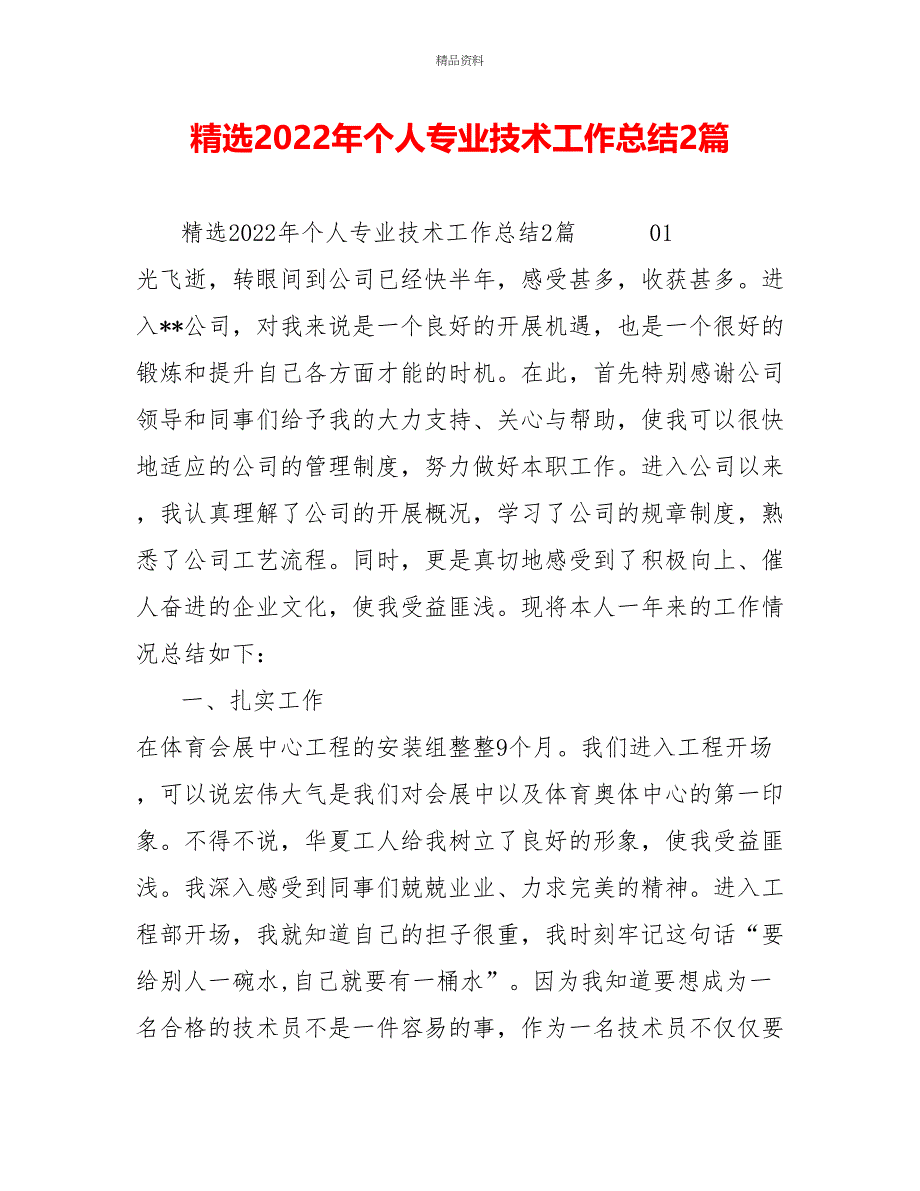 精选2022年个人专业技术工作总结2篇_第1页