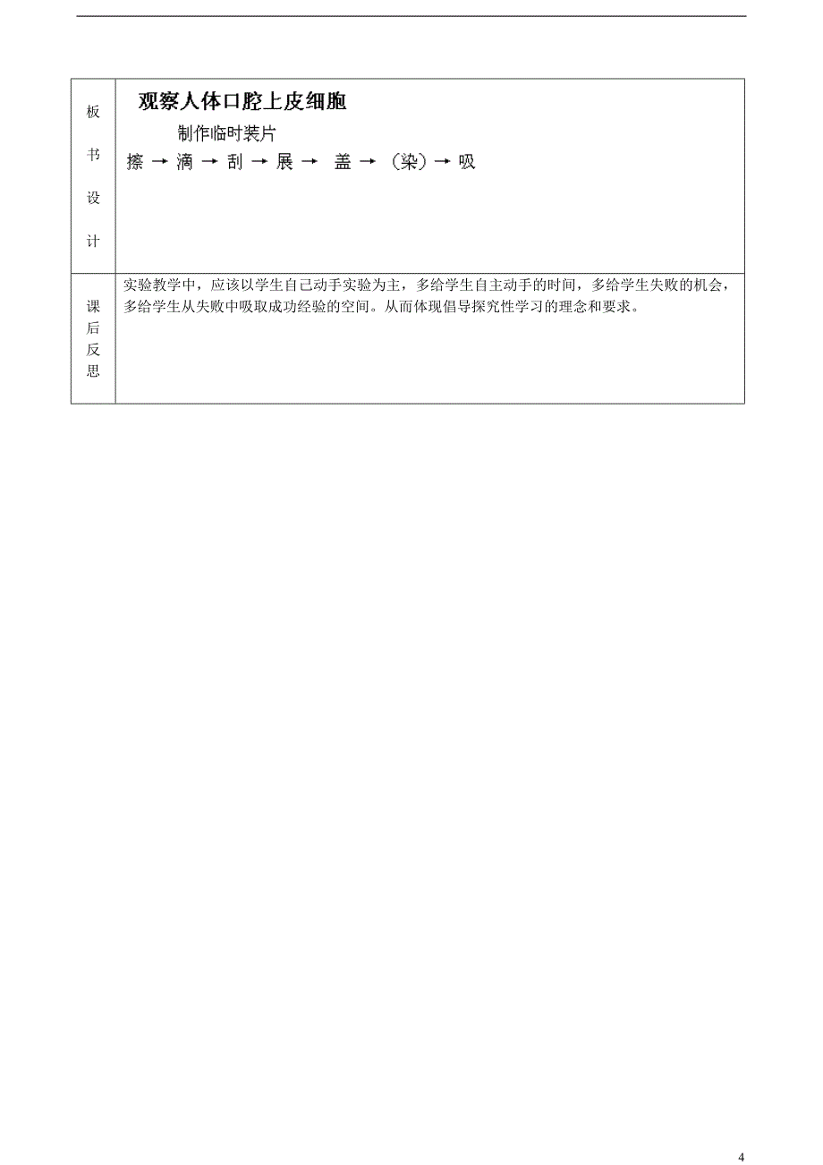 北京市顺义区大孙各庄中学七年级生物上册 观察人体口腔上皮细胞的基本结构教案 北京课改版.doc_第4页