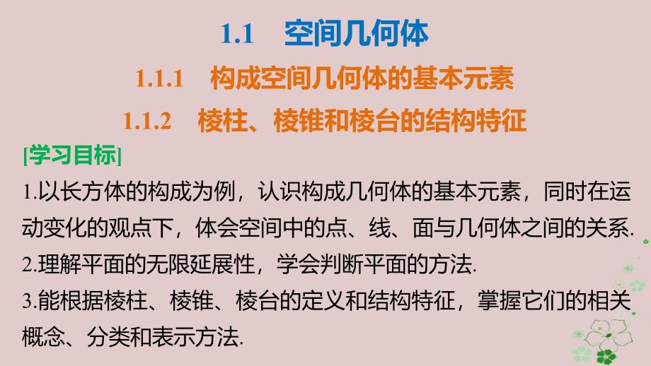 高中数学第一章立体几何初步1.1.1构成空间几何体的基本元素1.1.2棱柱棱锥和棱台的结构特征课件新人教B版必修2_第2页