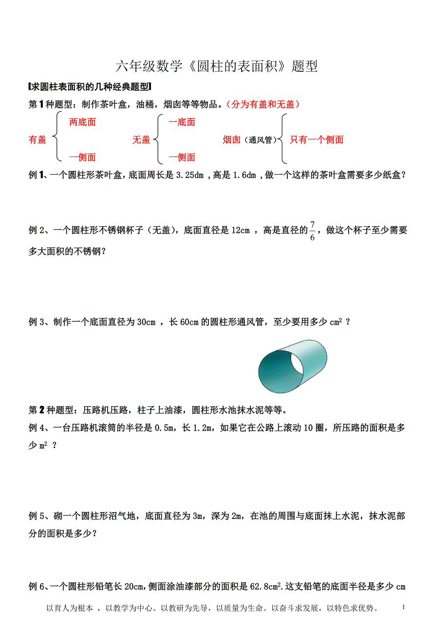 六年级数学圆柱的表面积题型_第1页