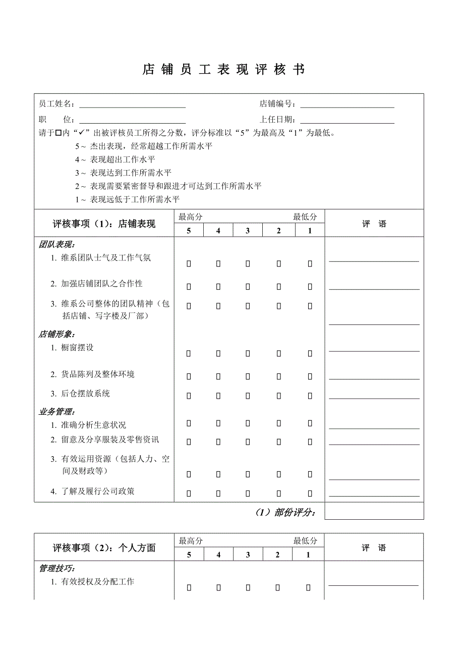 服装店全套店铺评核表_第1页