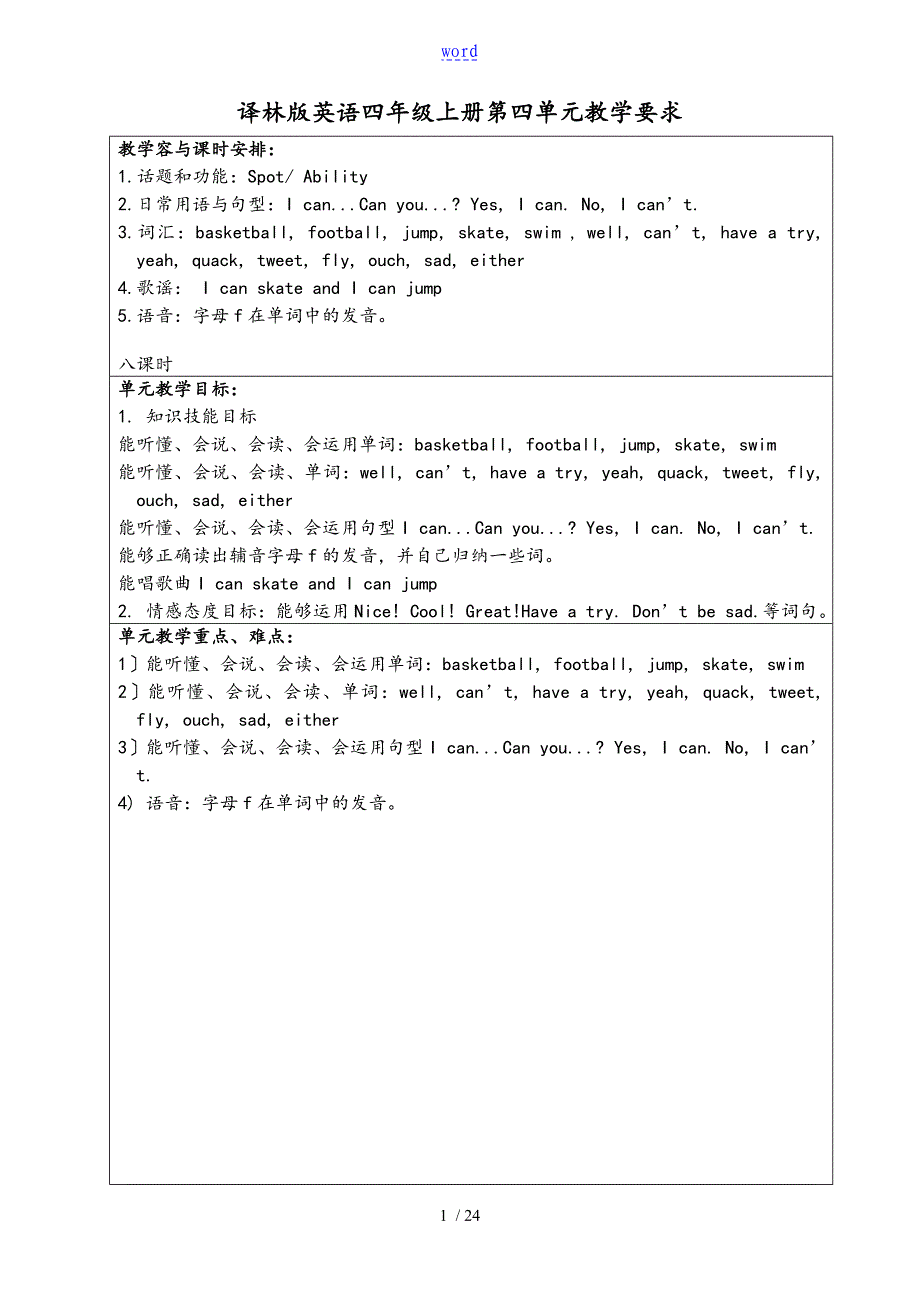 译林版英语四年级上册第四单元教案设计_第1页