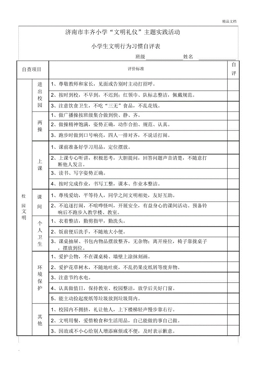 小学生文明行为习惯检查表(自评)_第1页