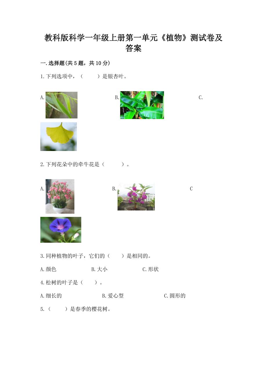 教科版科学一年级上册第一单元《植物》测试卷精品【突破训练】.docx_第1页