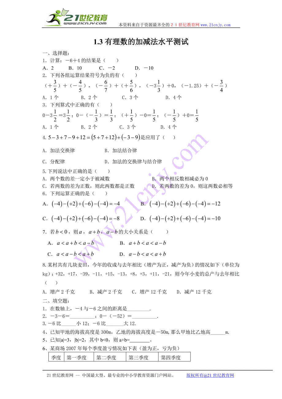 （新人教）七年级上册第1.3有理数的加减法水平测试.doc_第1页