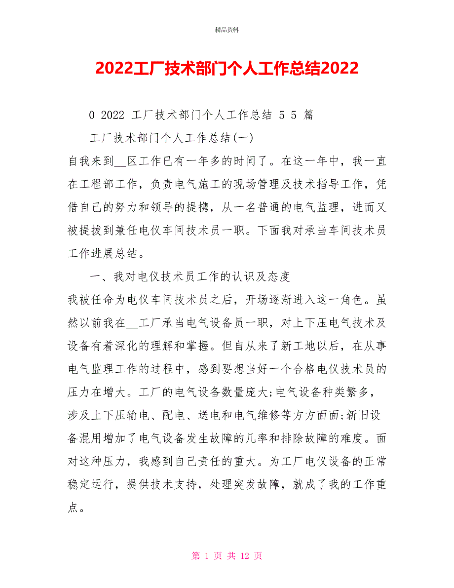 2021工厂技术部门个人工作总结2021_第1页