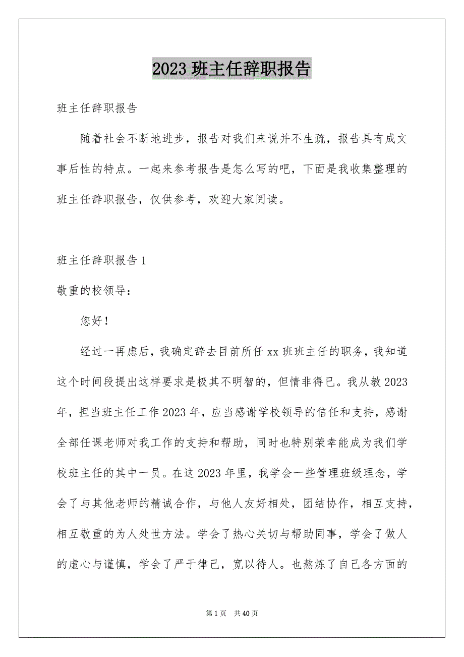 2023年班主任辞职报告14范文.docx_第1页