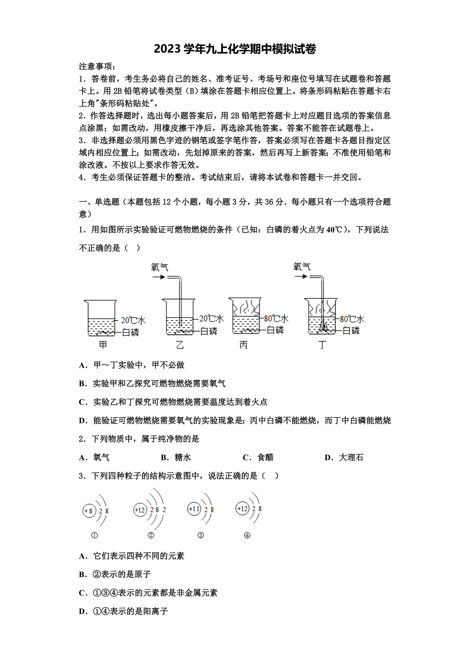 2023学年广西崇左市天等县化学九上期中联考模拟试题含解析.doc_第1页