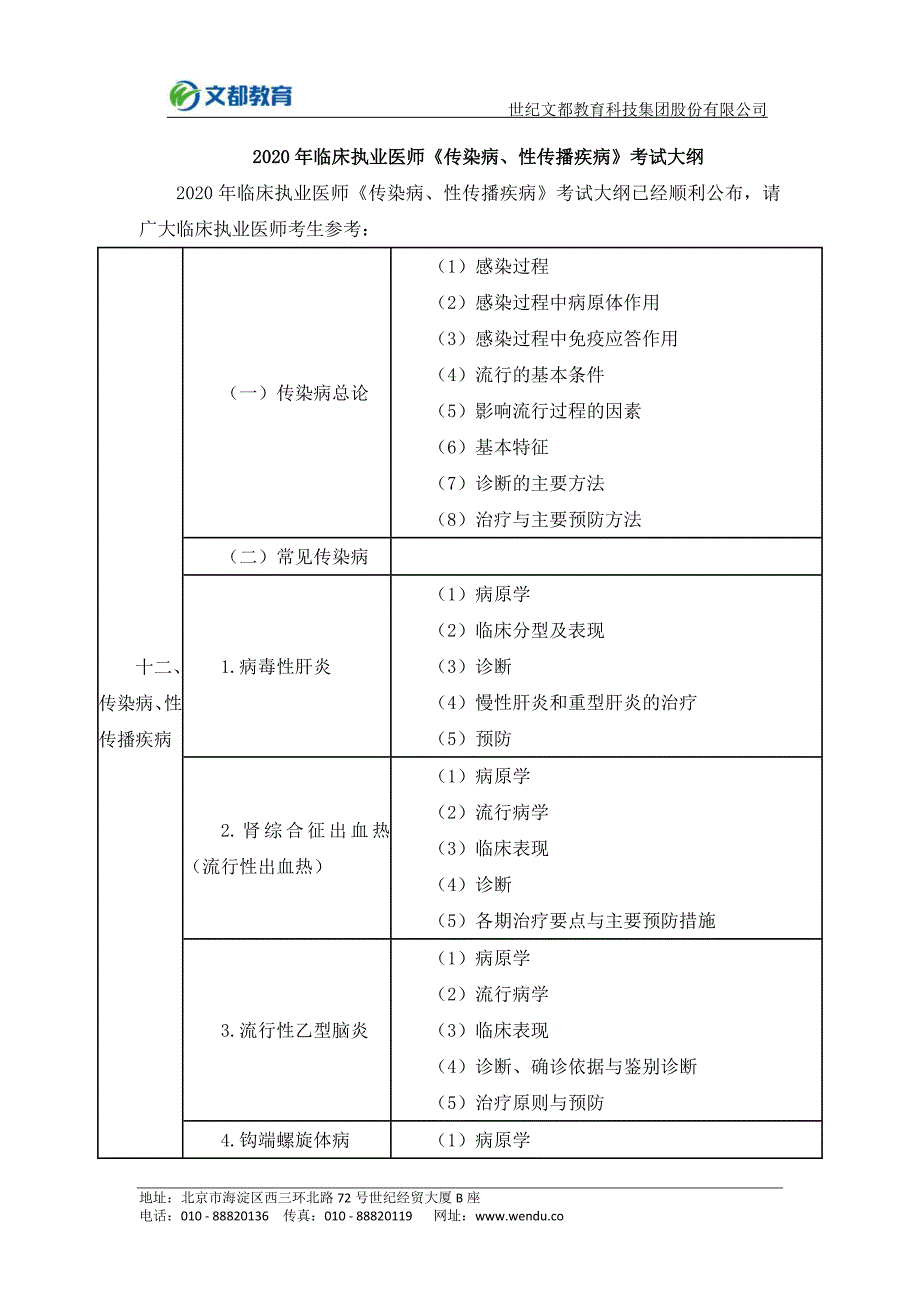 2020年临床执业医师《传染病、性传播疾病》考试大纲_第1页