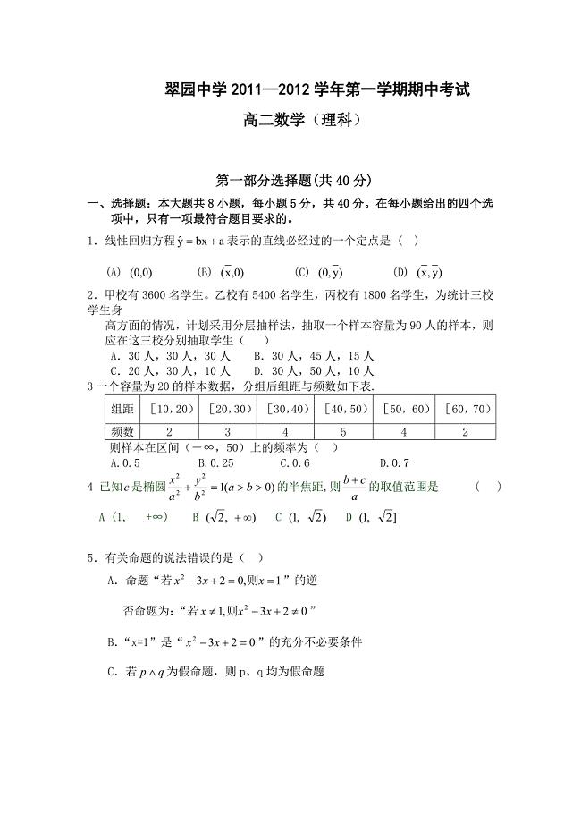 广东省翠园中学2011-2012学年高二上学期期中试题（数学理）