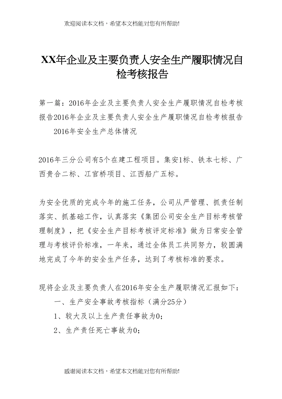 XX年企业及主要负责人安全生产履职情况自检考核报告_第1页