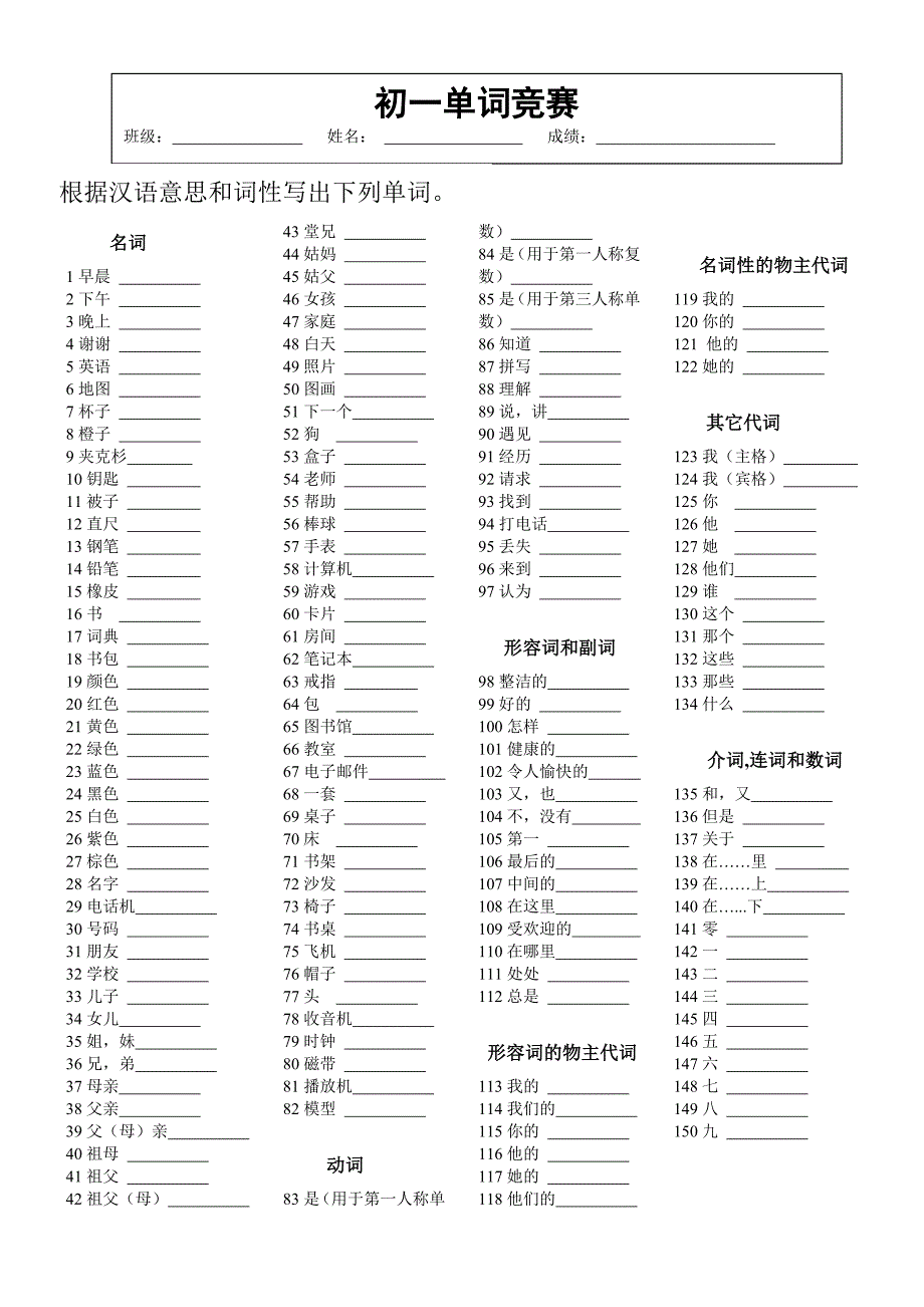 初一单词竞赛_第1页